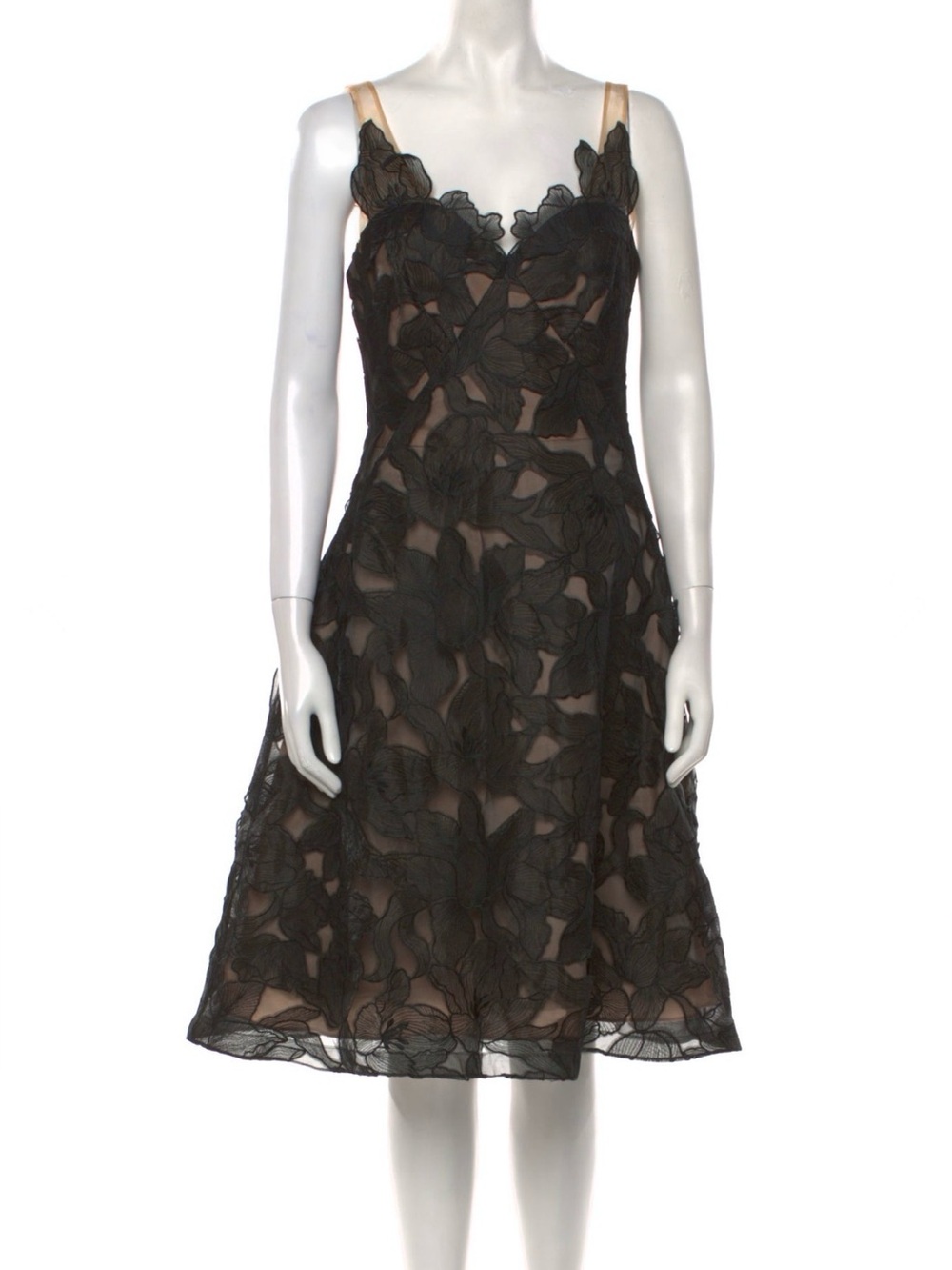 Marchesa Notte Embroidered Lace Midi Dress 6 M Black Nude Designer Guipure
